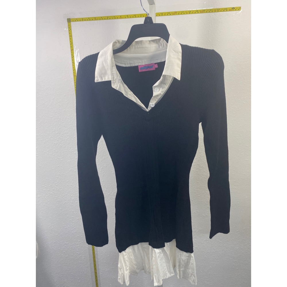 Edikted‎ Black Ribbed Layered Shirt Sweater Top White Collar Peplum Hem Womens M